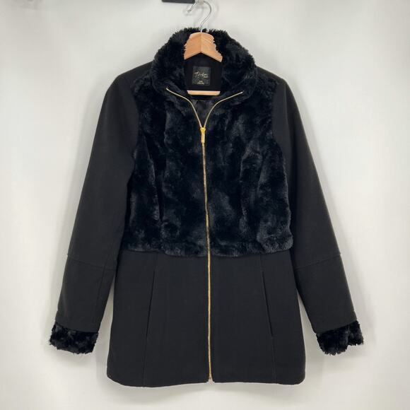 Thalia Sodi Coat Faux Fur Felted Coat Medium Black Zip Soft Vegan Sherpa Jacket - Picture 1 of 9
